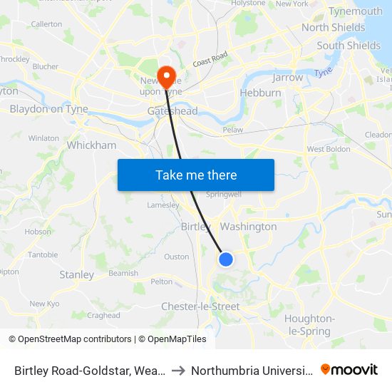 Birtley Road-Goldstar, Wear Industrial Estate to Northumbria University City Campus map