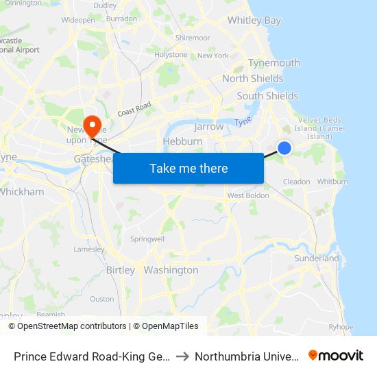 Prince Edward Road-King George Road, Harton Nook to Northumbria University City Campus map