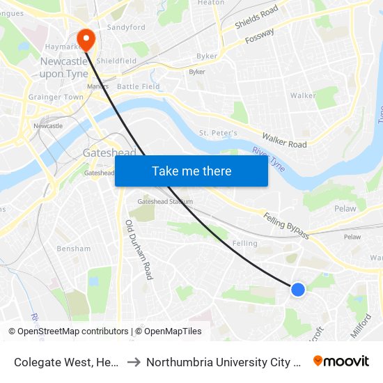 Colegate West, Heworth to Northumbria University City Campus map