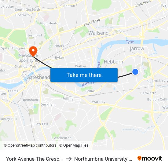 York Avenue-The Crescent, Jarrow to Northumbria University City Campus map