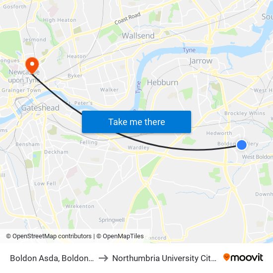 Boldon Asda, Boldon Colliery to Northumbria University City Campus map