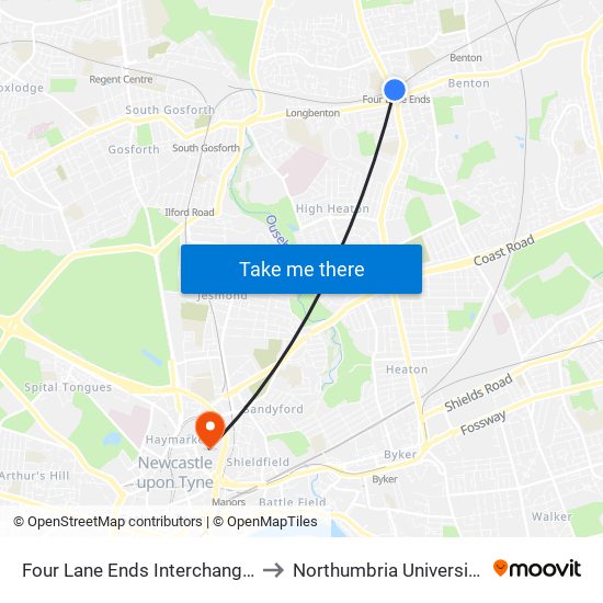 Four Lane Ends Interchange, Four Lane Ends to Northumbria University City Campus map