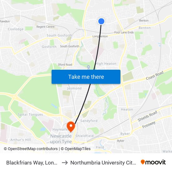 Blackfriars Way, Longbenton to Northumbria University City Campus map