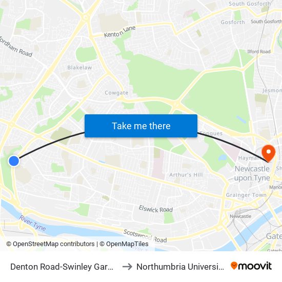 Denton Road-Swinley Gardens, Denton Burn to Northumbria University City Campus map