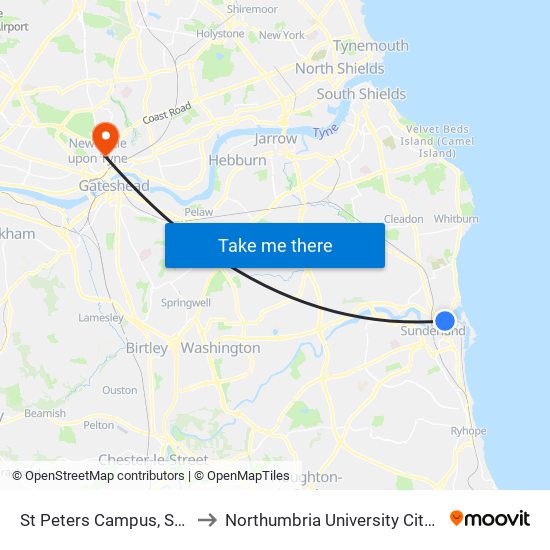 St Peters Campus, St Peters to Northumbria University City Campus map