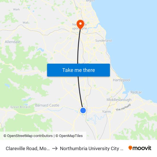 Clareville Road, Mowden to Northumbria University City Campus map