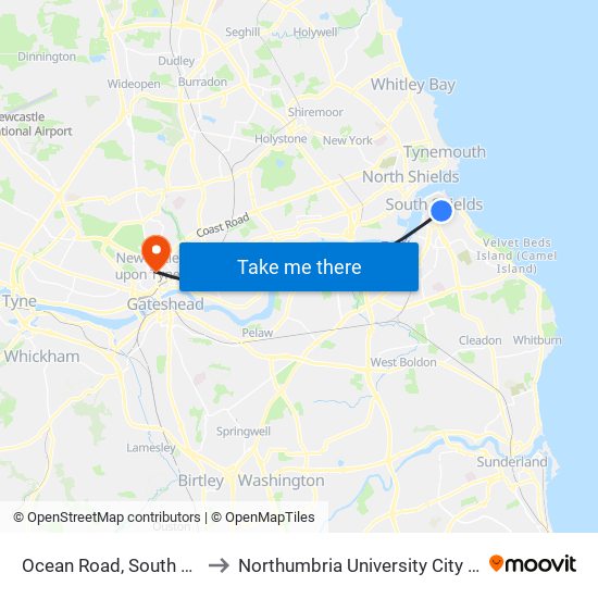 Ocean Road, South Shields to Northumbria University City Campus map