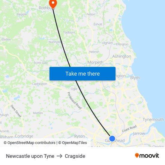 Newcastle upon Tyne to Cragside map