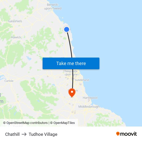 Chathill to Tudhoe Village map