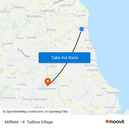 Millfield to Tudhoe Village map