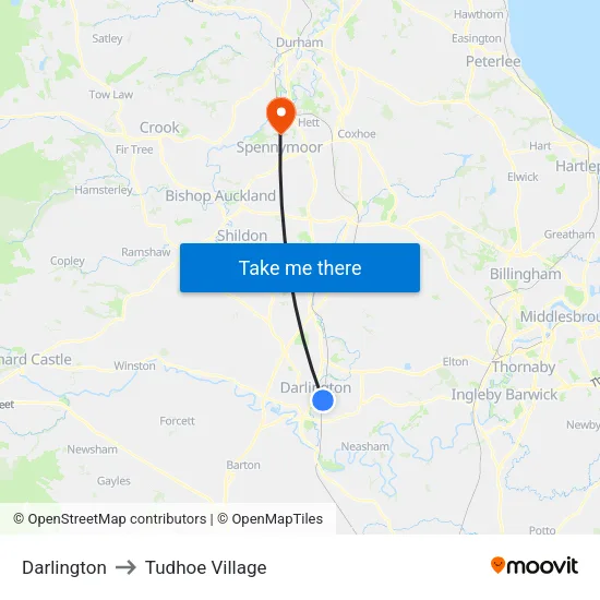 Darlington to Tudhoe Village map