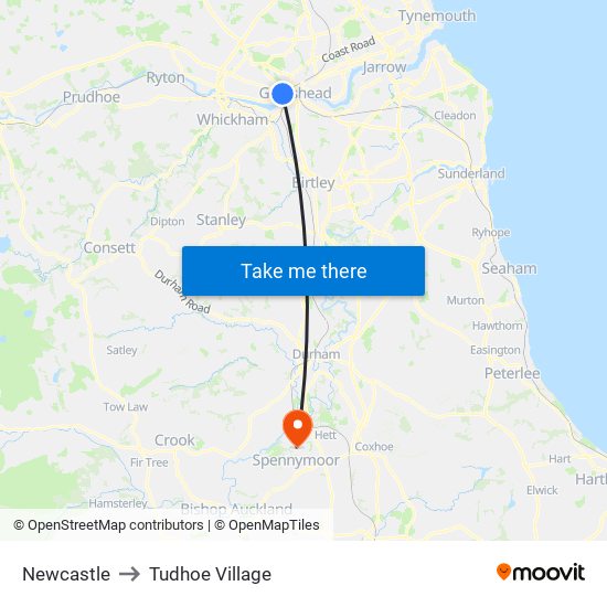 Newcastle to Tudhoe Village map