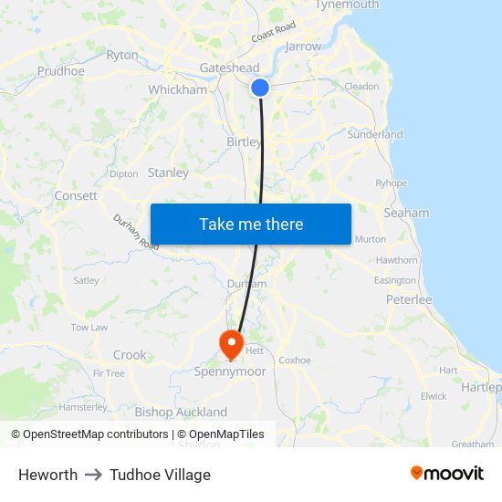 Heworth to Tudhoe Village map