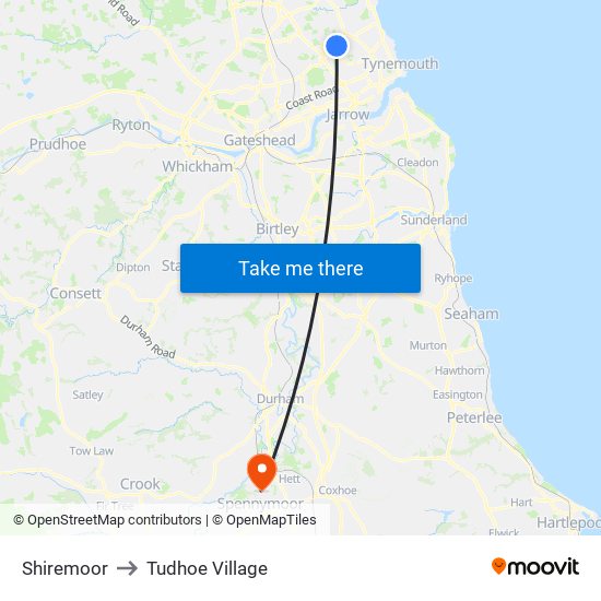 Shiremoor to Tudhoe Village map