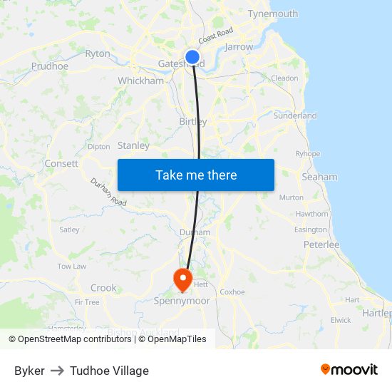 Byker to Tudhoe Village map