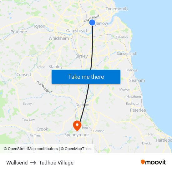 Wallsend to Tudhoe Village map