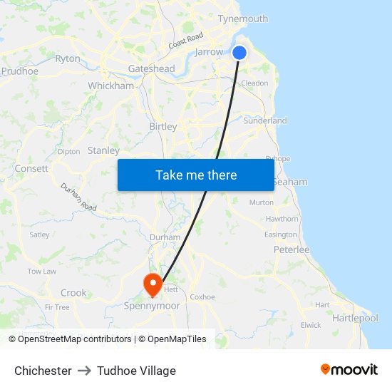 Chichester to Tudhoe Village map