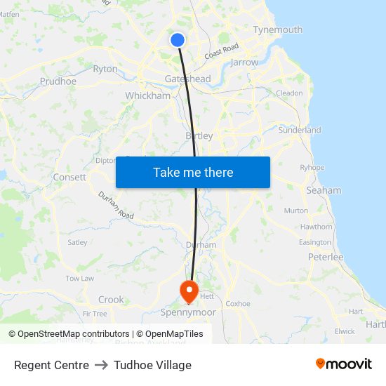 Regent Centre to Tudhoe Village map