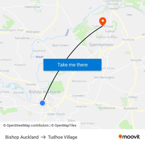 Bishop Auckland to Tudhoe Village map