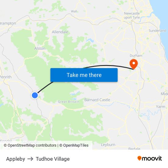 Appleby to Tudhoe Village map