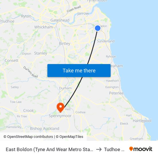 East Boldon (Tyne And Wear Metro Station), East Boldon to Tudhoe Village map