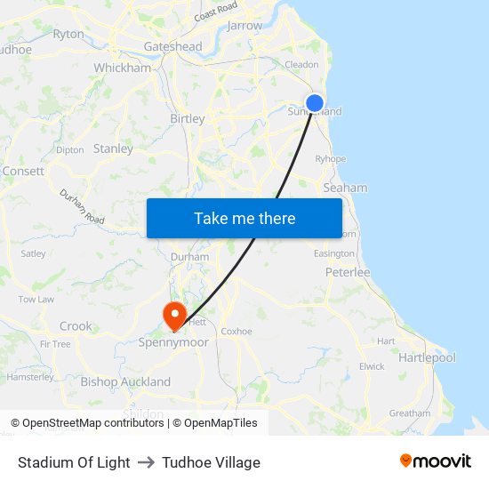 Stadium Of Light to Tudhoe Village map