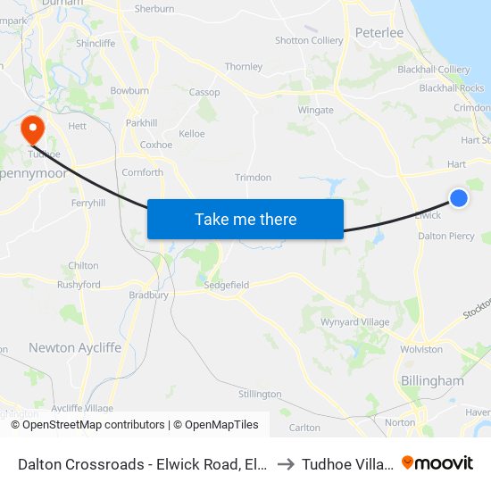 Dalton Crossroads - Elwick Road, Elwick to Tudhoe Village map