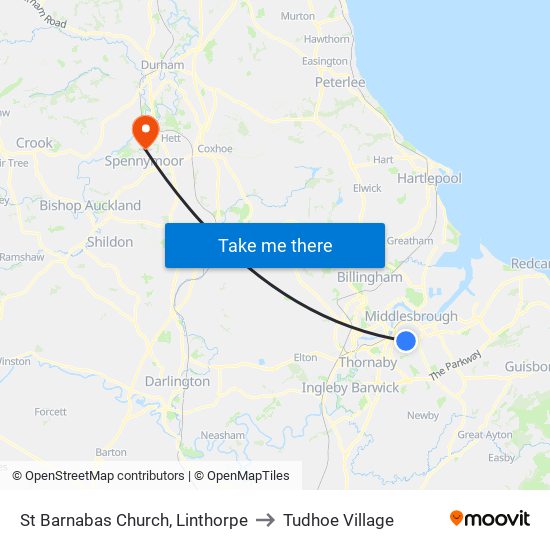 St Barnabas Church, Linthorpe to Tudhoe Village map