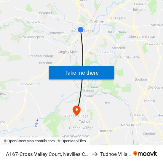 A167-Cross Valley Court, Nevilles Cross to Tudhoe Village map