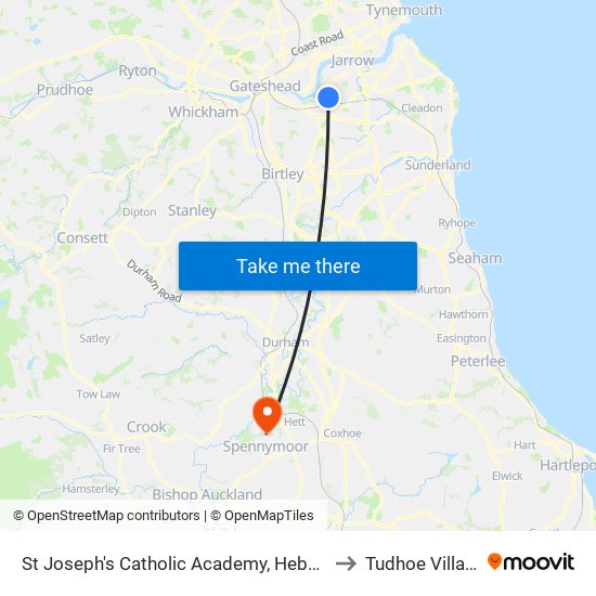 St Joseph's Catholic Academy, Hebburn to Tudhoe Village map