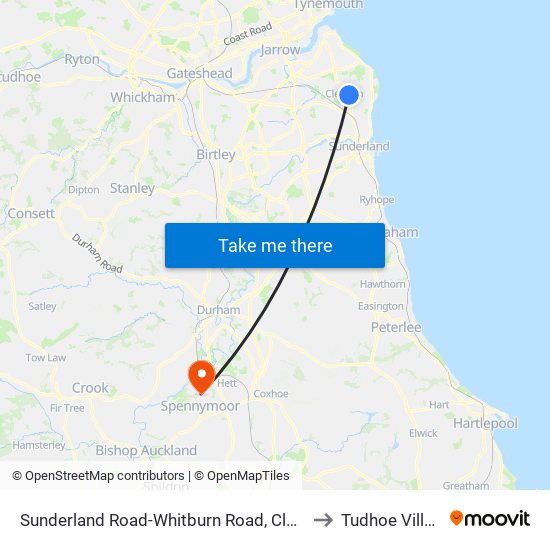 Sunderland Road-Whitburn Road, Cleadon to Tudhoe Village map