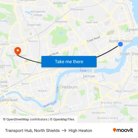 Transport Hub, North Shields to High Heaton map