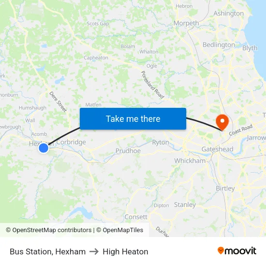 Bus Station, Hexham to High Heaton map
