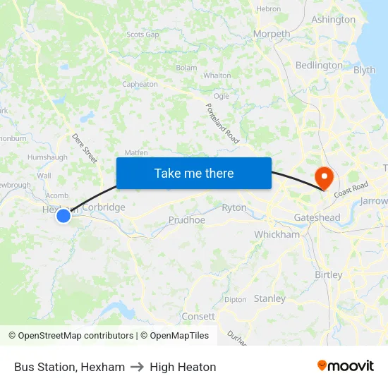 Bus Station, Hexham to High Heaton map