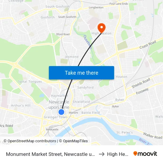Monument Market Street, Newcastle upon Tyne to High Heaton map