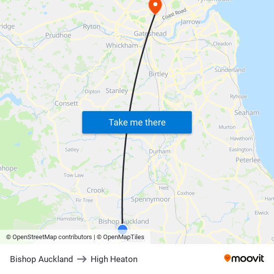 Bishop Auckland to High Heaton map