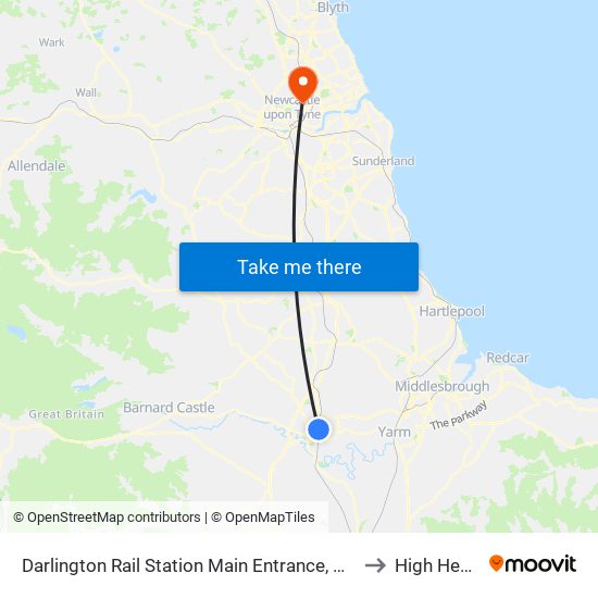 Darlington Rail Station Main Entrance, Darlington to High Heaton map