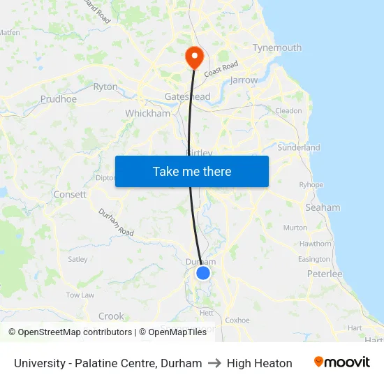 University - Palatine Centre, Durham to High Heaton map