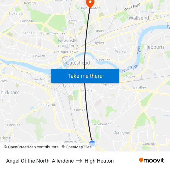 Angel Of the North, Allerdene to High Heaton map