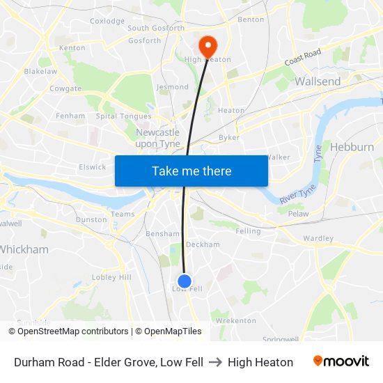 Durham Road - Elder Grove, Low Fell to High Heaton map