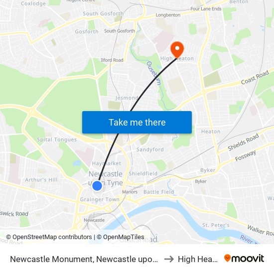 Newcastle Monument, Newcastle upon Tyne to High Heaton map
