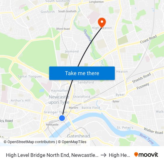 High Level Bridge North End, Newcastle upon Tyne to High Heaton map