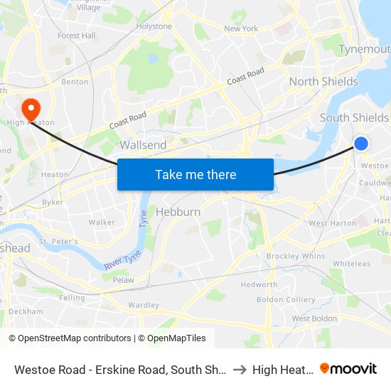 Westoe Road - Erskine Road, South Shields to High Heaton map