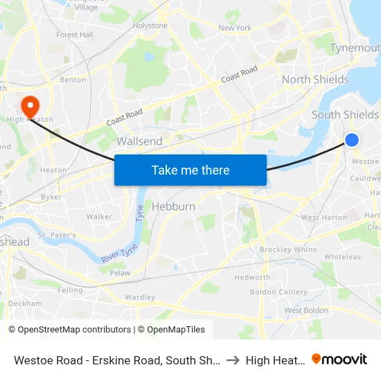 Westoe Road - Erskine Road, South Shields to High Heaton map