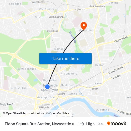 Eldon Square Bus Station, Newcastle upon Tyne to High Heaton map