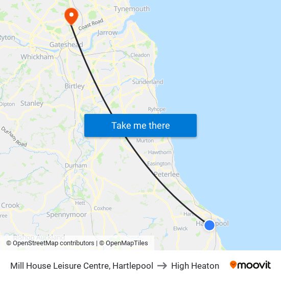 Mill House Leisure Centre, Hartlepool to High Heaton map