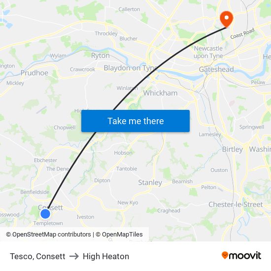 Tesco, Consett to High Heaton map