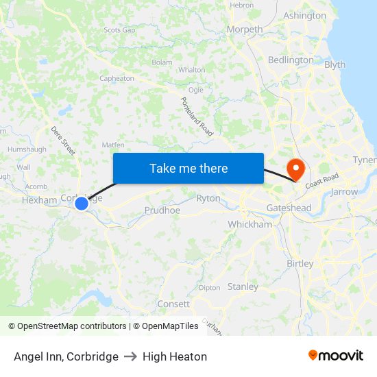 Angel Inn, Corbridge to High Heaton map