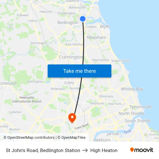 St John's Road, Bedlington Station to High Heaton map