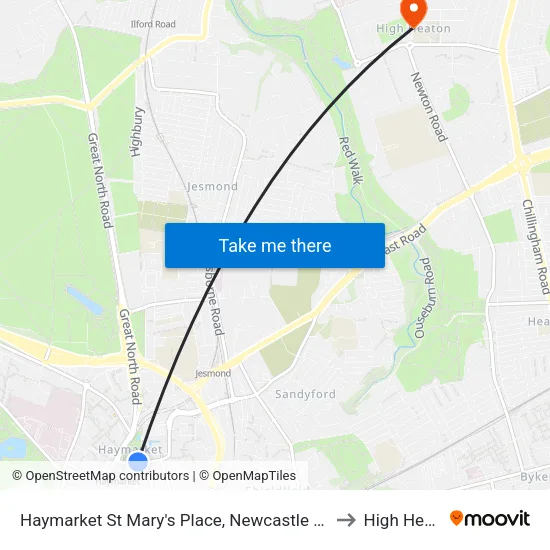 Haymarket St Mary's Place, Newcastle upon Tyne to High Heaton map